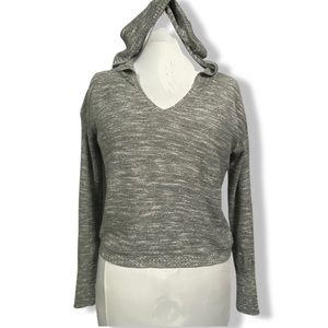 Abound Hooded Pullover V-neck Sweater, Gray & White Knit, Ribbed Cuff /Hem, EUC